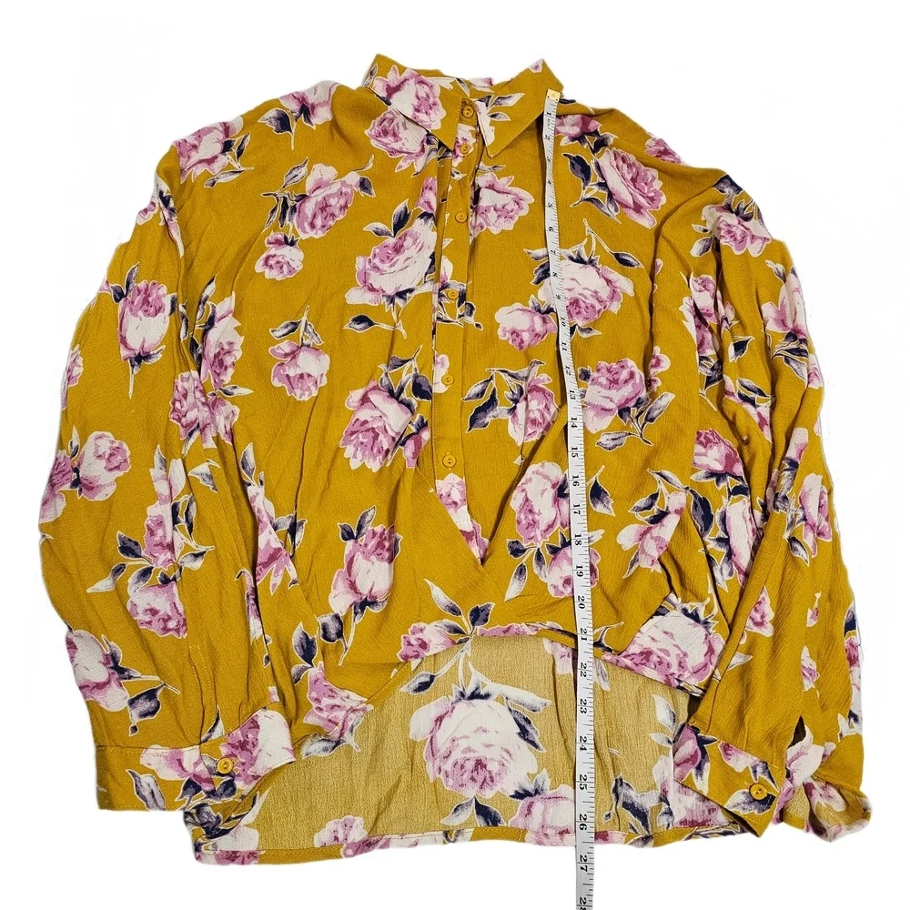 Umgee Top Yellow Pink Floral Drape Crossover Twist Hem Blouse Top Button Front